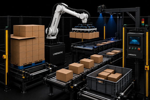Robotic vision-guided de-palletizing station handling a mixed-pattern inbound pallet