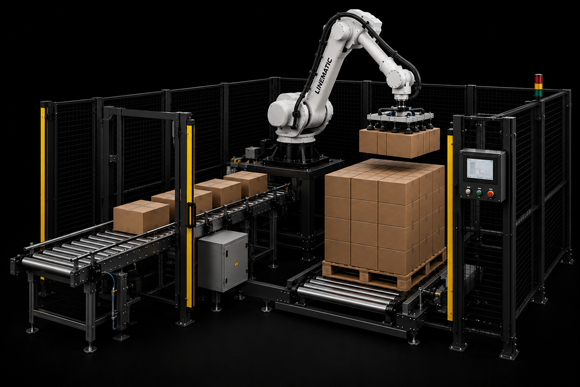Robotic palletizing cell with 6-axis arm building a pallet inside a safety-rated perimeter